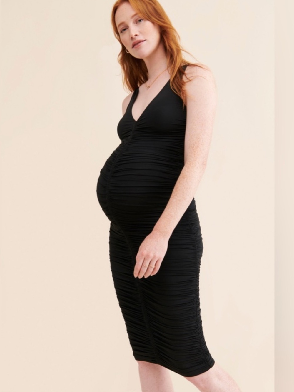 Hatch Black Ruched V-Neck Maternity Midi Dress